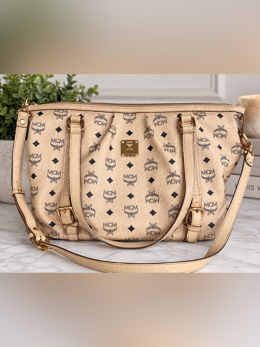 MCM Aithentic Beige Crossbody Bag with handles Good Pre-Loved Condition